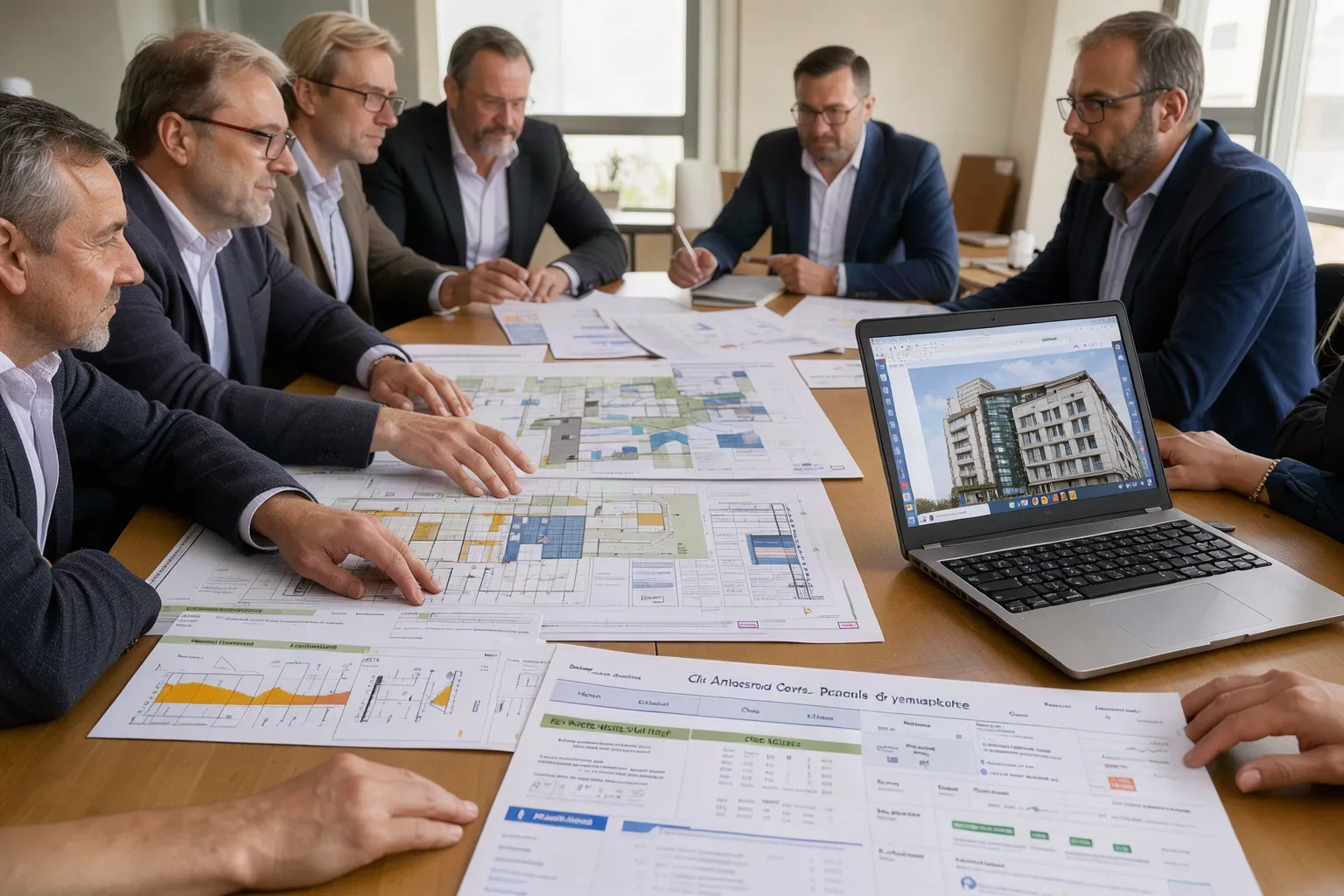 Assemblée de copropriétaires autour d'une table couverte de plans et d'un dossier de travaux