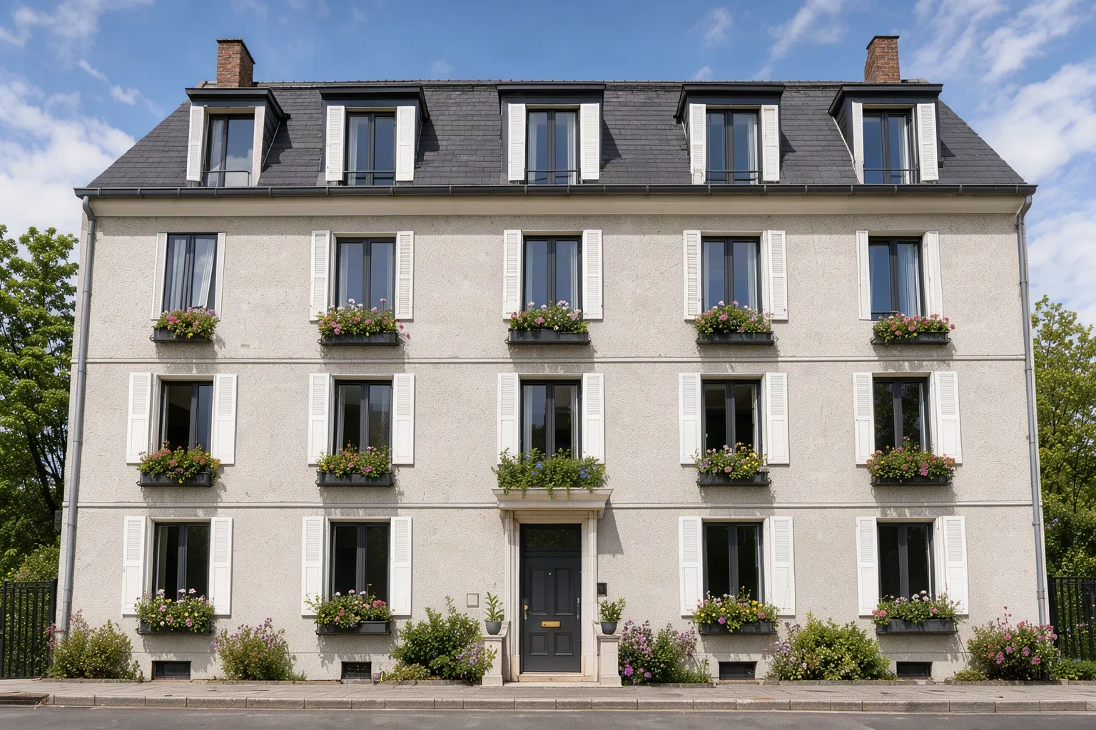 Immeuble des années 1930 rénové par Arawox, enduit neuf et menuiseries anthracite