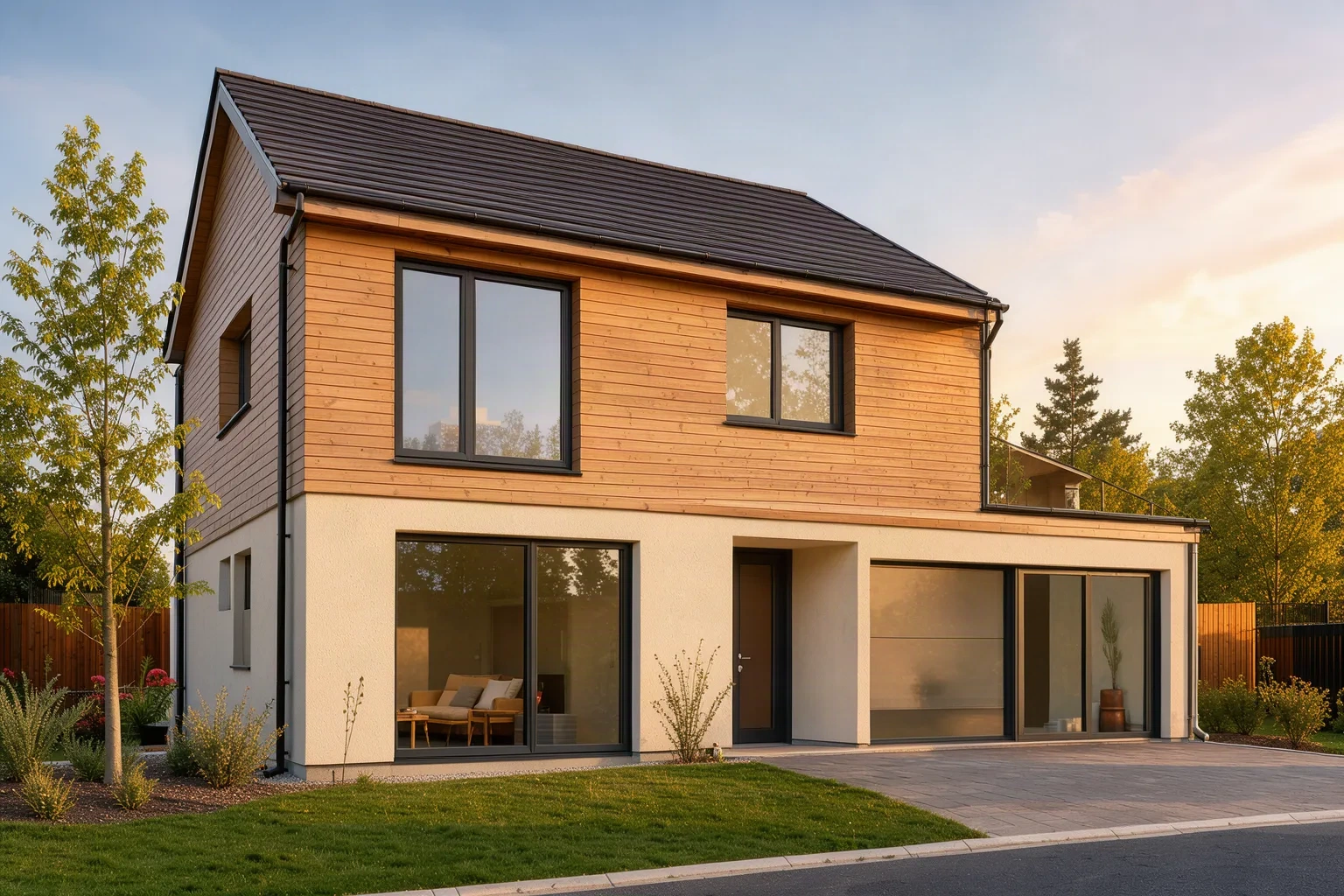 Maison individuelle rénovée avec bardage bois clair à l'étage et grandes fenêtres neuves