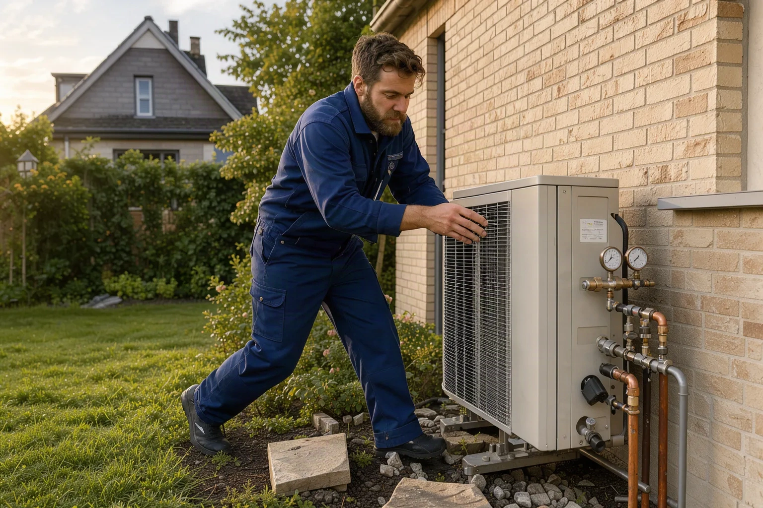 Technicien installant une pompe à chaleur air/eau contre la façade d'une maison