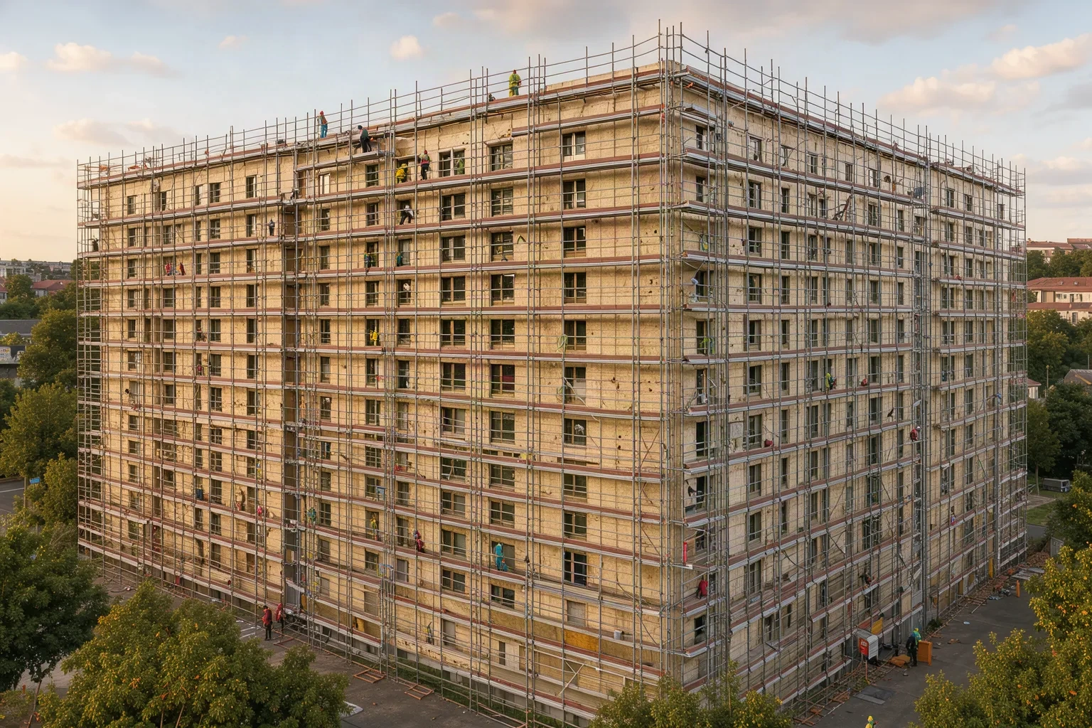 Résidence collective en rénovation énergétique, échafaudages sur toute la façade