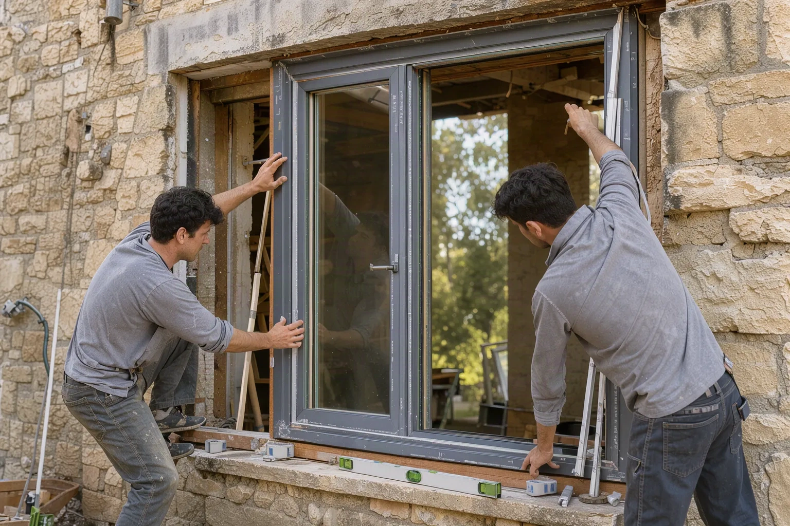 Menuisiers posant une nouvelle fenêtre à triple vitrage sur une maison ancienne