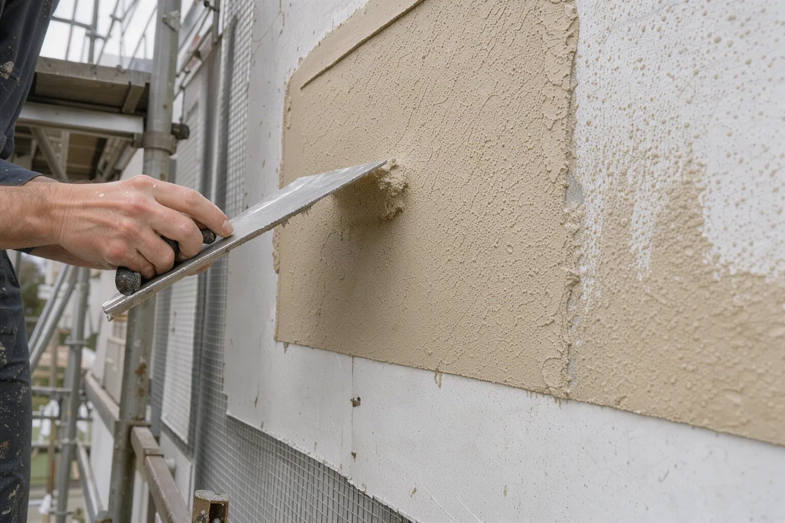 Artisan lissant l'enduit de finition d'une isolation thermique par l'extérieur