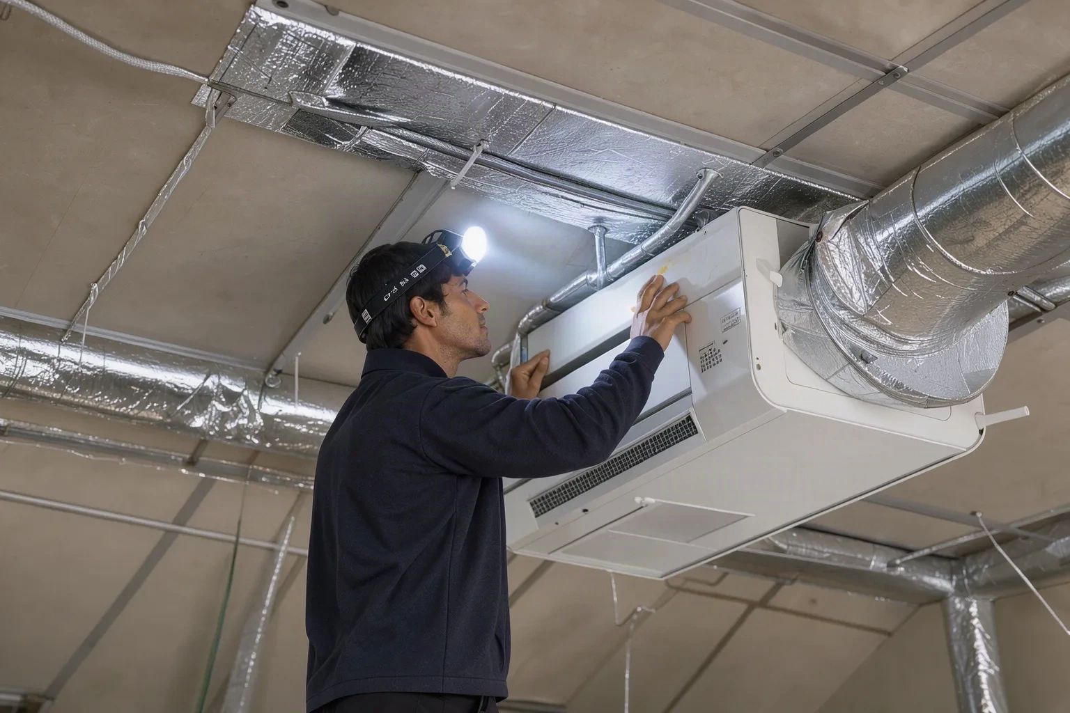 Installateur fixant un caisson de VMC double flux au-dessus d'un faux plafond